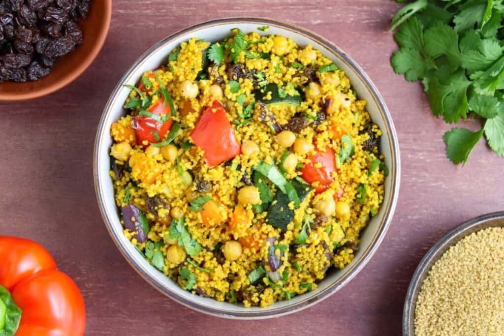Spiced Moroccan couscous with chickpeas and roasted veg