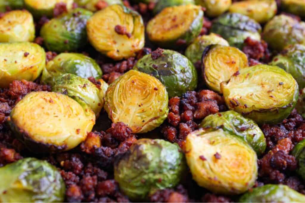 Roasted sprouts with vegan bacon tofu recipe