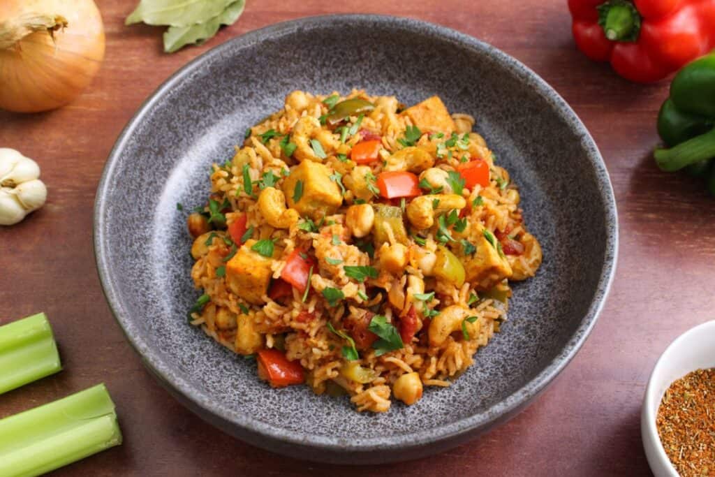 Vegan jambalaya with chickpeas on plate