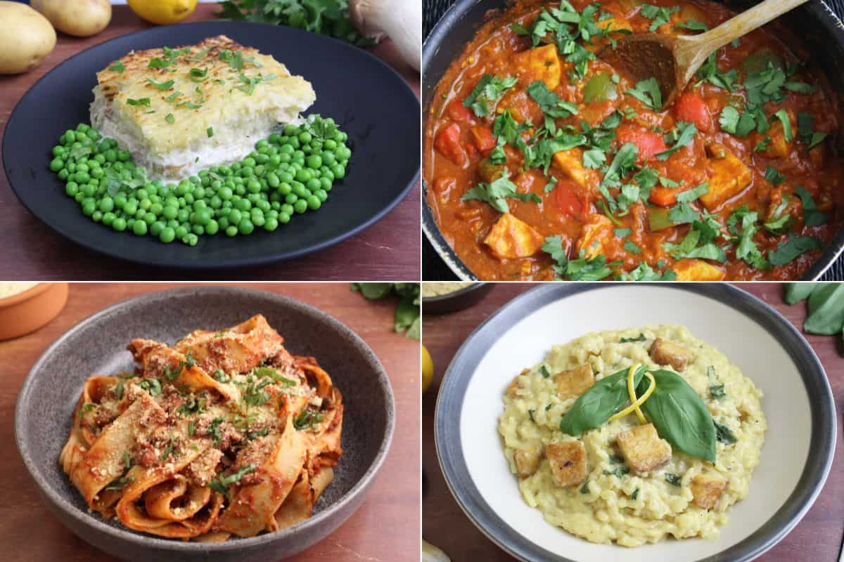Gallery of vegan recipes with tofu – fish pie, jalfrezi, pasta. risotto
