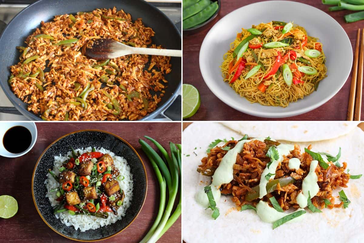 Gallery of quick vegan recipes with tofu – shredded tofu tacos, Singapore noodles, stir-fry