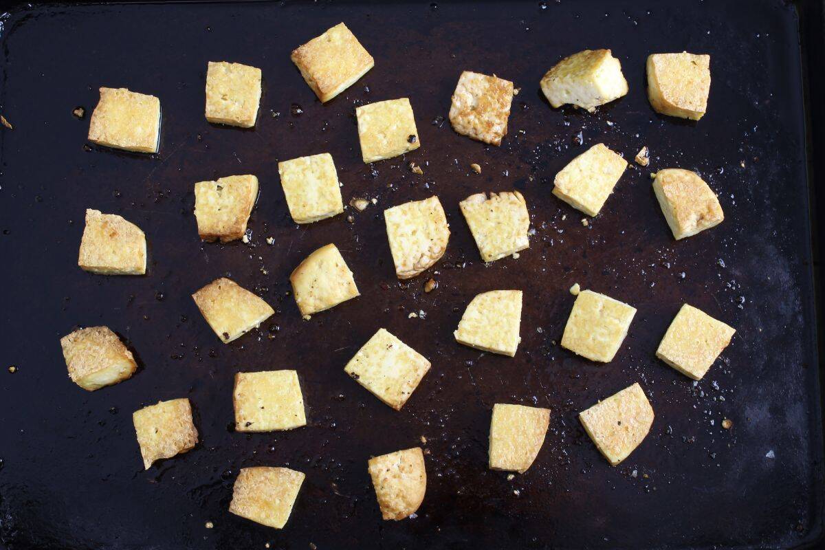 Pieces of crispy baked tofu