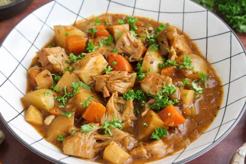 Jackfruit and potato stew in bowl