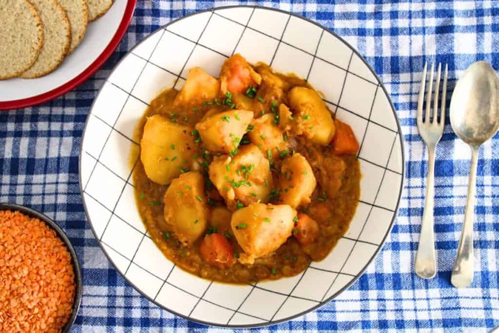 Vegan Scottish potato stew in bowl