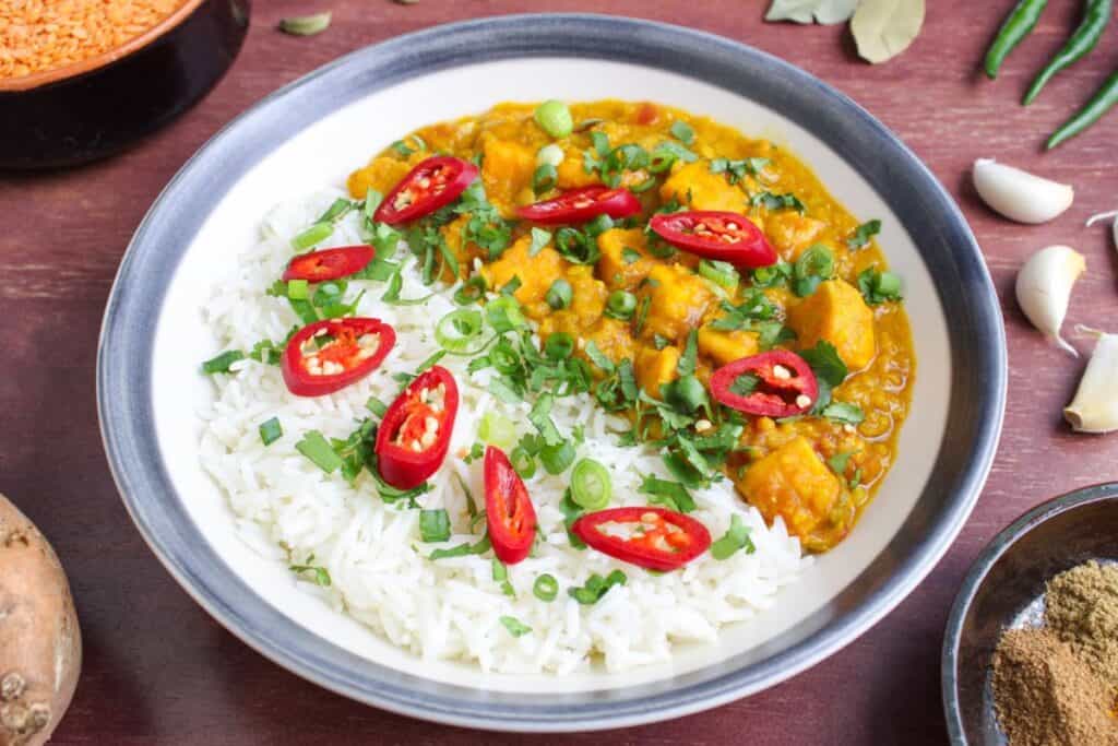 Vegan sweet potato dal in bowl