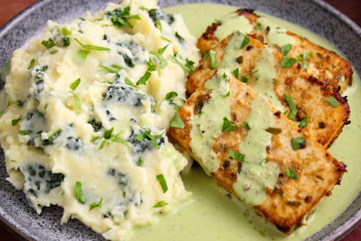 Baked tofu steaks with vegan colcannon mashed potatoes