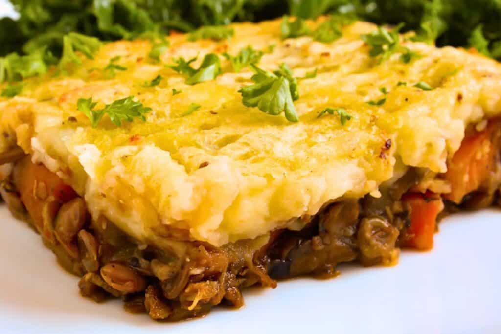 Vegan lentil and potato cottage pie on plate