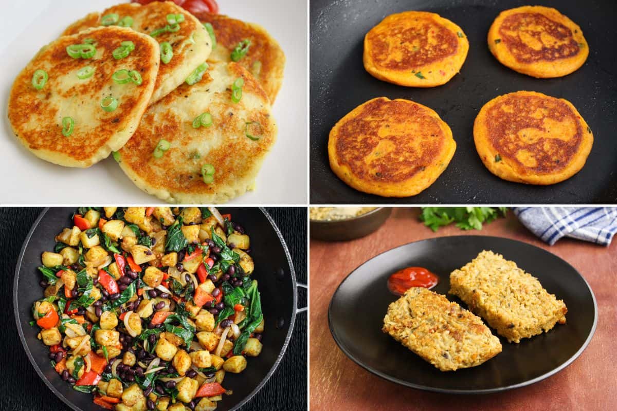 Collage of vegan fritters and breakfast recipes with potatoes