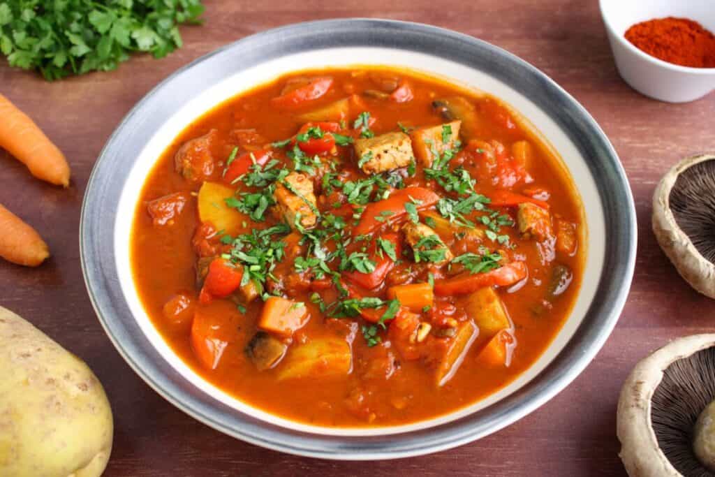 Vegan goulash with smoked tofu and potatoes
