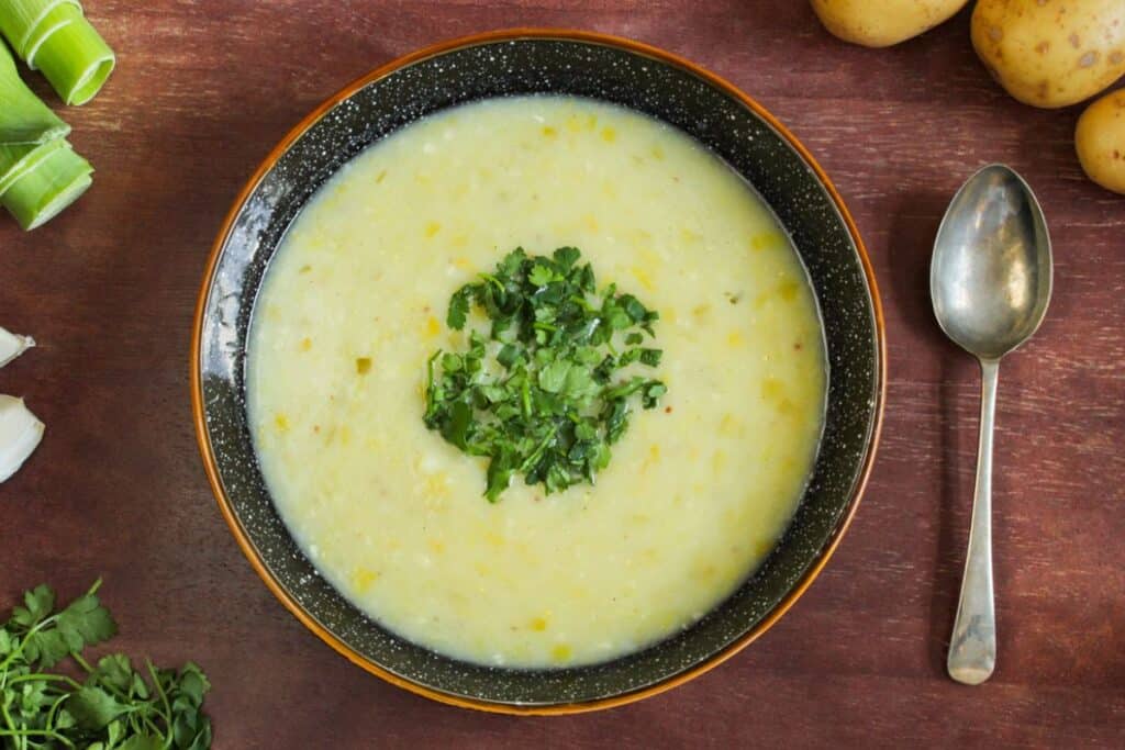 Vegan leek and potato soup in bowl