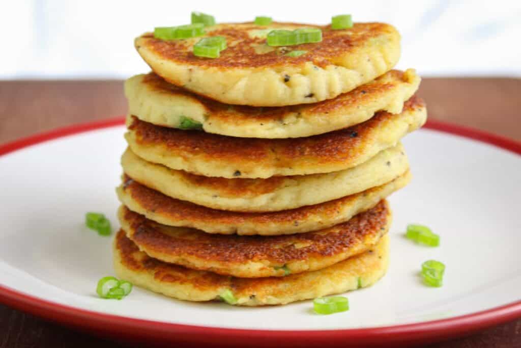 Leftover mashed potato pancake stack on plate