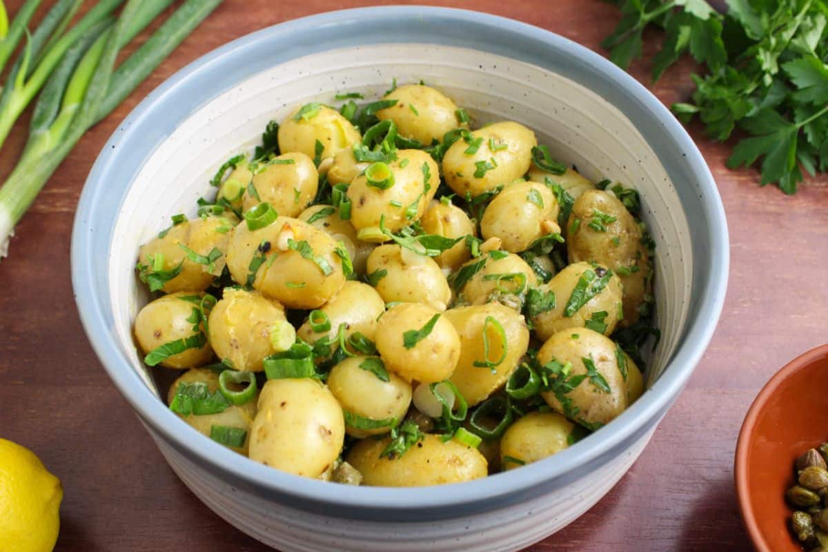 Mayo-free potato salad in bowl